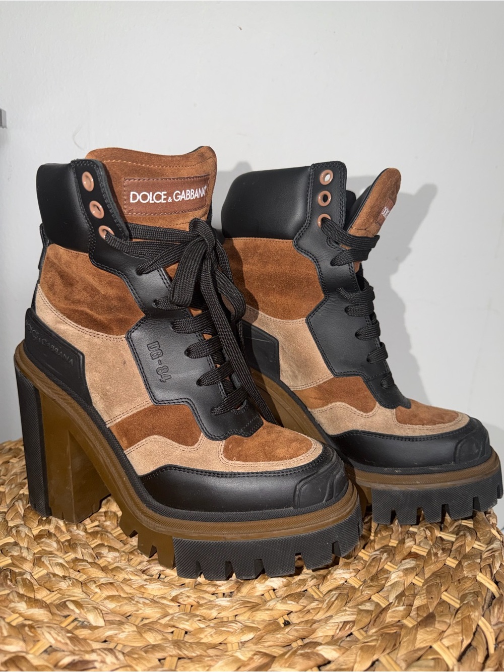 Dolce & Gabbana Brown and Black Suede Leather Platform Lace-Up Heeled Boots